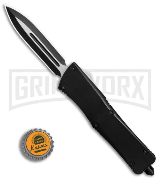 Night Bird D/A OTF Automatic Knife Smooth Black Handle - Dagger Black Plain -AKC Knife Shop Night Bird DA OTF smooth black handle dagger black plain BP 26476 er bottlecap large