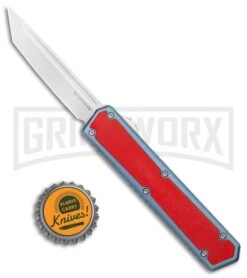 No Limit Knives Vanga Red/Blue OTF Automatic Knife - Tanto Satin Plain -AKC Knife Shop No Limit Knives Vanga Tanto DA OTF Auto Red Blue Satin BHQ 102508 jr bottlecap large