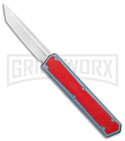 No Limit Knives Vanga Red/Blue OTF Automatic Knife - Tanto Satin Plain -AKC Knife Shop No Limit Knives Vanga Tanto DA OTF Auto Red Blue Satin BHQ 102508 jr large