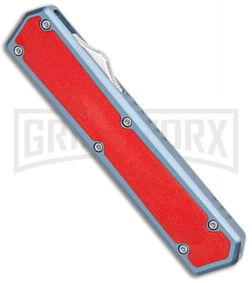 No Limit Knives Vanga Red/Blue OTF Automatic Knife - Tanto Satin Plain -AKC Knife Shop No Limit Knives Vanga Tanto DA OTF Auto Red Blue Satin BHQ 102508 jr spine large