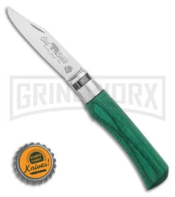 Antonini Old Bear Young Small Folding Green Wood Knife - Satin Blunt -AKC Knife Shop Old Bear OBy Juniors Knife BHQ 116337 LS Bottlecap large