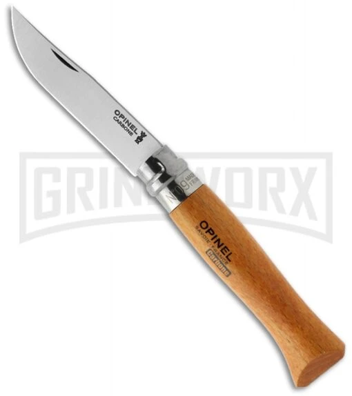 Opinel Knives No. 9 Beech Wood Folding Knife - Carbon Steel Plain -AKC Knife Shop Opinel Knives No. 9 CF Beech Wood Satin BHQ 14354 jr large