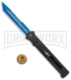 Paragon Estiletto Black Bolt Automatic OTF Knife - Blue Tanto -AKC Knife Shop Paragon Estiletto Tanto OTF Auto Black Lightning Bolt Blue Serr EST T LB B CBLU BHQ 103600 jr bottlecap large