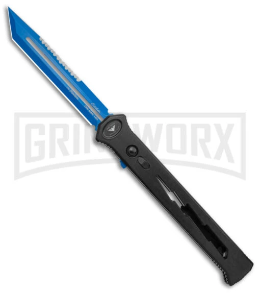 Paragon Estiletto Black Bolt Automatic OTF Knife - Blue Tanto -AKC Knife Shop Paragon Estiletto Tanto OTF Auto Black Lightning Bolt Blue Serr EST T LB B CBLU BHQ 103600 jr large