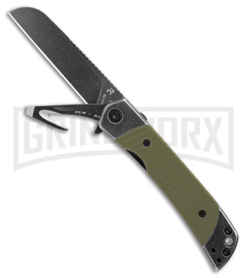 REVO Duo Green G-10/Black SW Frame Lock Knife Aux Cutter - Sheepsfoot Stonewash -AKC Knife Shop REVO Duo Sheepsfoot FL Aux Cutter Green G 10 Dark SW BHQ 160867 jr large