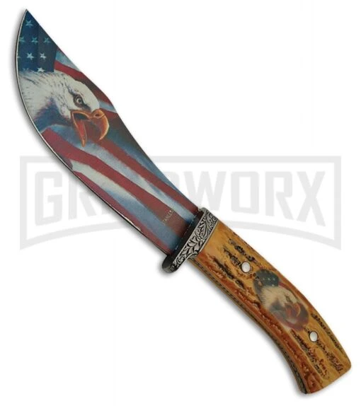 Rite Edge Howler Eagle Imitation Stag Fixed Blade Knife - American Flag 4TH18 -AKC Knife Shop Rite Edge Howler Eagle Imitation Stag American Flag plain BHQ 75393 er large