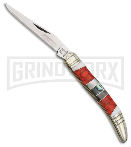 Rough Rider Stoneworx Toothpick Red Pocket Knife W/ MOP & Abalone -AKC Knife Shop Rough Rider Stoneworx Toothpick Red MOP abalone BHQ 61129 er large