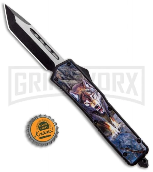 Rumble Black D/A OTF Automatic Knife Tanto Wolf Graphic - Two-Tone Plain -AKC Knife Shop Rumble Black DA OTF Auto Tanto Wolf Graphic TT GX 34142 jr bottlecap large