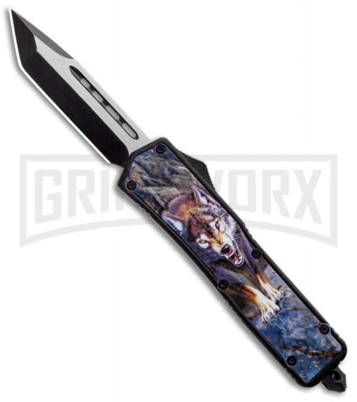 Rumble Black D/A OTF Automatic Knife Tanto Wolf Graphic - Two-Tone Plain -AKC Knife Shop Rumble Black DA OTF Auto Tanto Wolf Graphic TT GX 34142 jr large