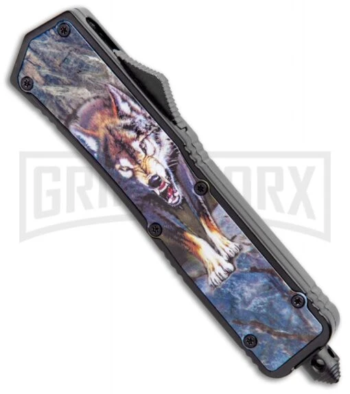 Rumble Black D/A OTF Automatic Knife Tanto Wolf Graphic - Two-Tone Plain -AKC Knife Shop Rumble Black DA OTF Auto Tanto Wolf Graphic TT GX 34142 jr spine large