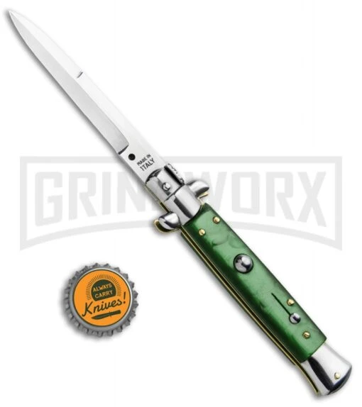 SKM 9" Italian Stiletto Acrylic Green Automatic Knife - Bayonet -AKC Knife Shop SKM 9in Stiletto Auto Green Acrylic Satin Bayo BHQ 51256 jr bottlecap large