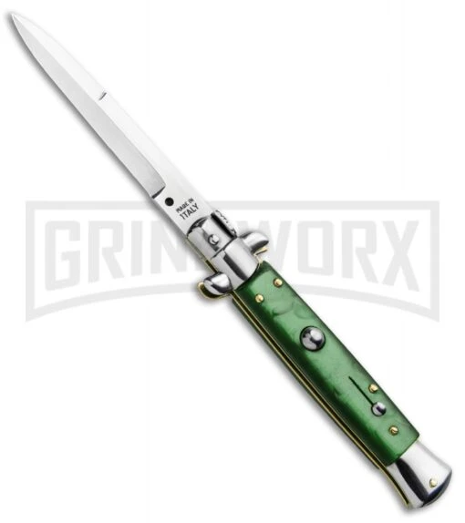 SKM 9" Italian Stiletto Acrylic Green Automatic Knife - Bayonet -AKC Knife Shop SKM 9in Stiletto Auto Green Acrylic Satin Bayo BHQ 51256 jr large