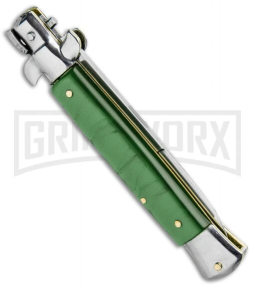 SKM 9" Italian Stiletto Acrylic Green Automatic Knife - Bayonet -AKC Knife Shop SKM 9in Stiletto Auto Green Acrylic Satin Bayo BHQ 51256 jr side large