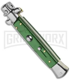 SKM 9" Italian Stiletto Acrylic Green Automatic Knife - Bayonet -AKC Knife Shop SKM 9in Stiletto Auto Green Acrylic Satin Bayo BHQ 51256 jr spine large