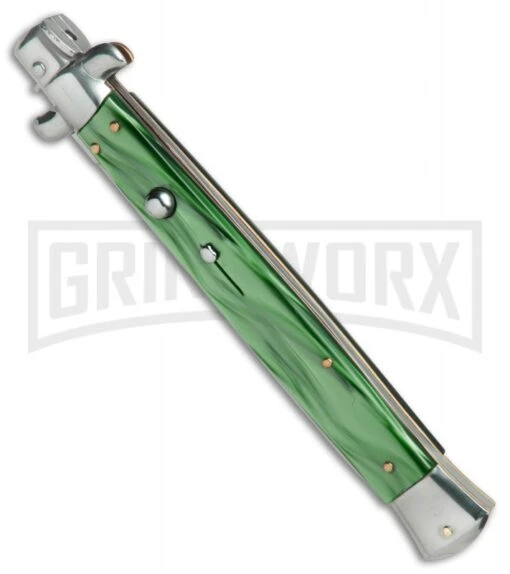 SKM/AB 13" Italian Stiletto Green Pearlex Automatic Knife - Dagger -AKC Knife Shop SKM AB 13in stiletto green pearlex dagger BP 22698 er spine large