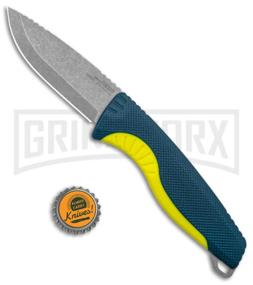 SOG Aegis FX Indigo Blue/Acid Yellow GRN Fixed Blade Knife - Stonewash Plain -AKC Knife Shop SOG Aegis Fx Indigo Acid Yellow BHQ 145912 jr bottlecap large