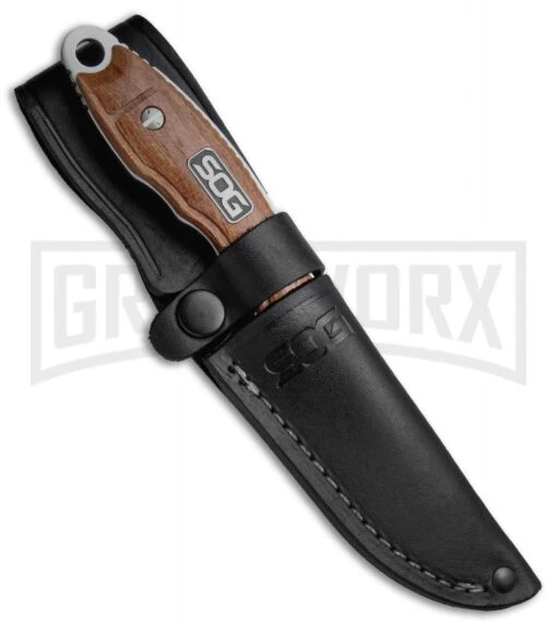 SOG Huntspoint Skinning Wood Fixed Blade Knife - Satin Plain -AKC Knife Shop SOG Huntspoint Skinning Wood HT012L BHQ 15206 jr sheath large