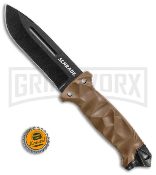 Schrade SCHF40D Brown TPE Fixed Blade Knife - Black Plain -AKC Knife Shop Schrade 11in brown TPE black SCHF40D BHQ 62024 er size large