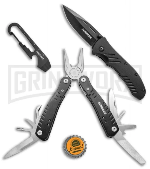 Schrade Three Piece Knife And Tool Combo Pack -AKC Knife Shop Schrade 3 Piece Knife Tool Combo SCHP1734CP BHQ 76168 jr bottlecap large