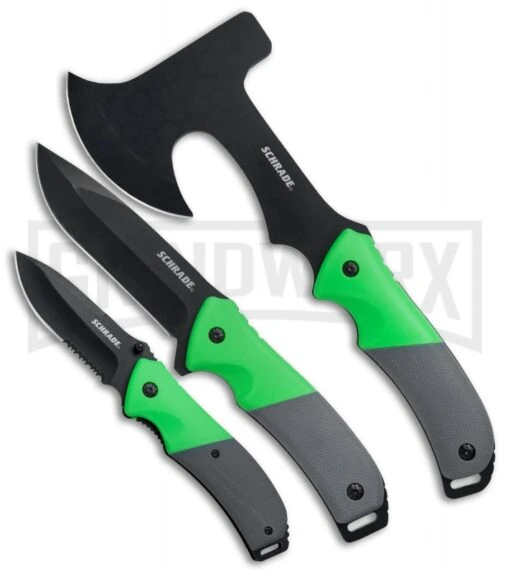 Schrade Three Piece Green Rubber Outdoor Combo Pack -AKC Knife Shop Schrade 3 Piece Outdoor Fixed Folder Axe Green Rubber Set SCP17 36CP BHQ 75970 jr large