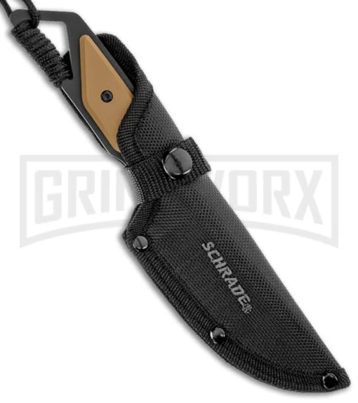 Schrade Ultra Glide Tan Fixed Blade Knife - Black Plain -AKC Knife Shop Schrade 4in Fixed Blade Tan Black BHQ 114592 jr sheath large