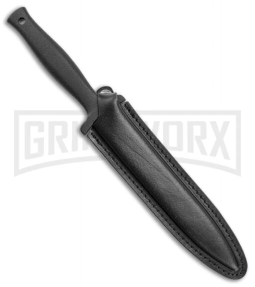 Schrade Needle Black Boot Knife With Leather Sheath - Black Serr -AKC Knife Shop Schrade Needle Boot knife leather sheath black serr BHQ 62026 er side large