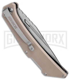 Schrade Slingshot Tan G-10 Lockback Knife - Satin Plain -AKC Knife Shop Schrade Slingshot LB Tan G 10 Satin BHQ 140098 jr side 2 large