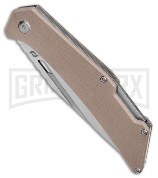 Schrade Slingshot Tan G-10 Lockback Knife - Satin Plain -AKC Knife Shop Schrade Slingshot LB Tan G 10 Satin BHQ 140098 jr spine 2 large