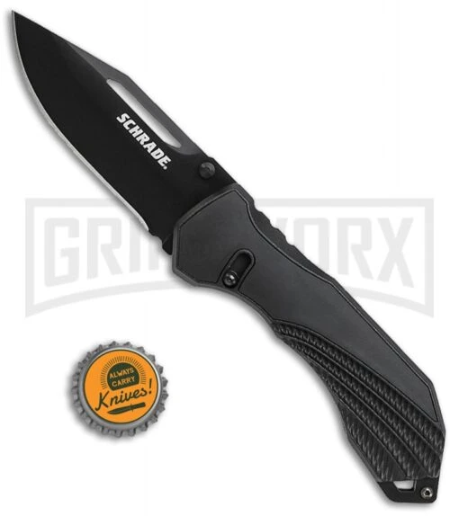 Schrade SCH510 Black Sure-Lock Folding Knife - Black Plain -AKC Knife Shop Schrade Sure Lock Black Black SCH510 BHQ 68076 jr bottlecap large