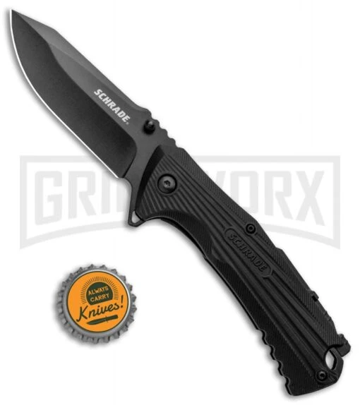 Schrade U.G. Black Folding Knife W/ Firestarter - Black -AKC Knife Shop Schrade U.G. LL Black Firestarter Black 1100046 BHQ 93631 jr bottlecap large