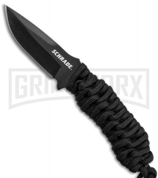 Schrade SCHF46 Black Paracord Neck Knife Fixed Blade - Black Plain -AKC Knife Shop Schrade full tang neck knife black paracord black SCHF46 BHQ 62027 er large