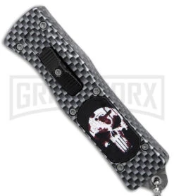 Skull Mini Dog Tag Gray Black Carbon Fiber D/A OTF Automatic Knife - Satin Plain -AKC Knife Shop Skull Mini Dog Tag CF DA Auto Satin BHQ 175039 jr spine large