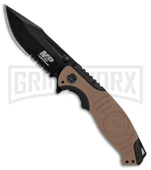 Smith & Wesson M&P Liner Lock Knife Tan/Black SWMP13GLS - Black Serr -AKC Knife Shop Smith Wesson MP tan black black serr SWMP13GLS BHQ 68962 er large