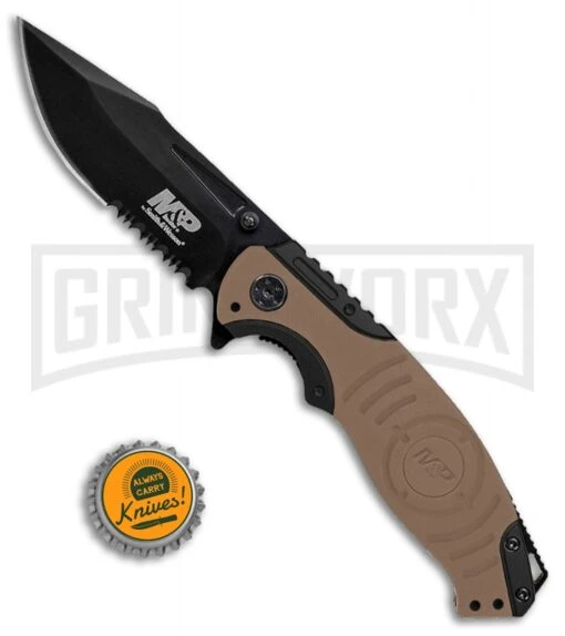 Smith & Wesson M&P Liner Lock Knife Tan/Black SWMP13GLS - Black Serr -AKC Knife Shop Smith Wesson MP tan black black serr SWMP13GLS BHQ 68962 er size large