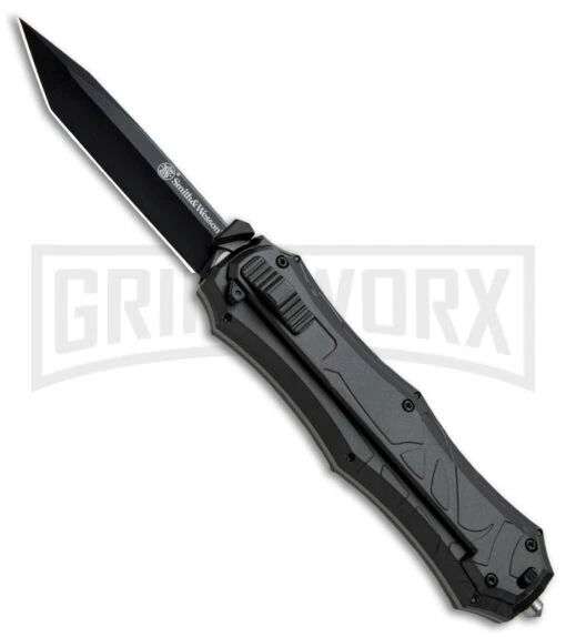 Smith & Wesson Spring Assisted Finger Actuator Tanto OTF Knife - Black Plain -AKC Knife Shop Smith Wesson OTF Assist Finger Actuator Tanto Black SWOTF9TB BHQ 67477 jr large