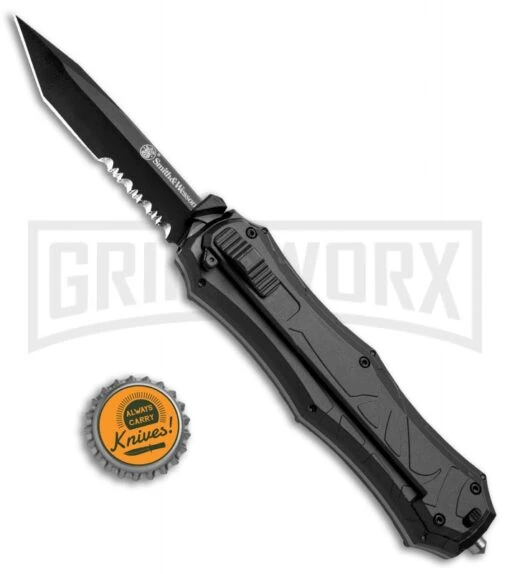 Smith & Wesson Spring Assisted Finger Actuator Tanto OTF Knife - Black Serr -AKC Knife Shop Smith Wesson OTF Assist Finger Actuator Tanto Black Serr SWOTF9TBS BHQ 67474 jr bottlecap large