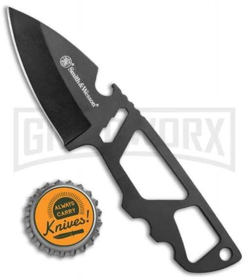 Smith & Wesson SW991 M&P Shield Fixed Blade Knife & Tool - Black Plain -AKC Knife Shop Smith and Wesson MP Shield Neck Knife Tool Black SW991 BHQ 78832 jr bottlecap large