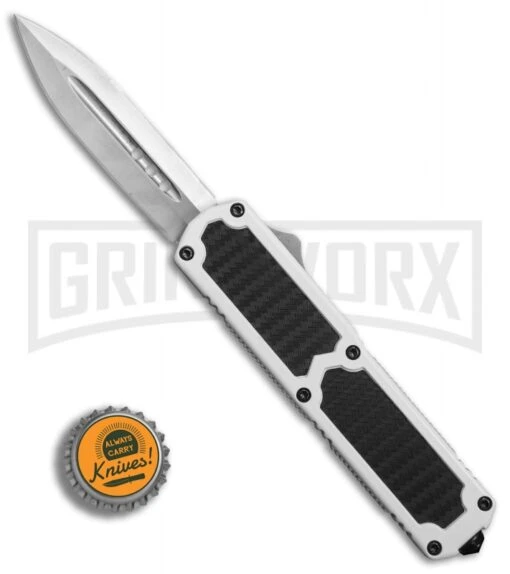 Titan White D/A OTF Sim Carbon Fiber Automatic Knife - Dagger Satin Plain -AKC Knife Shop Titan White DA Sim CF dagger satin plain BP 25635 er bottlecap 2 large