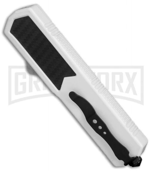 Titan White D/A OTF Sim Carbon Fiber Automatic Knife - Dagger Satin Plain -AKC Knife Shop Titan White DA Sim CF dagger satin plain BP 25635 er side large