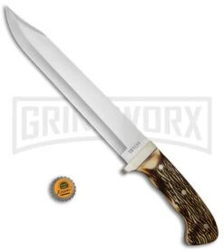 Uncle Henry Bowie Delring Stag Fixed Blade - Bowie Satin Plain -AKC Knife Shop Uncle Henry Large Bowie Delrin Stag SCH181UH BHQ 61898 jr bottlecap large