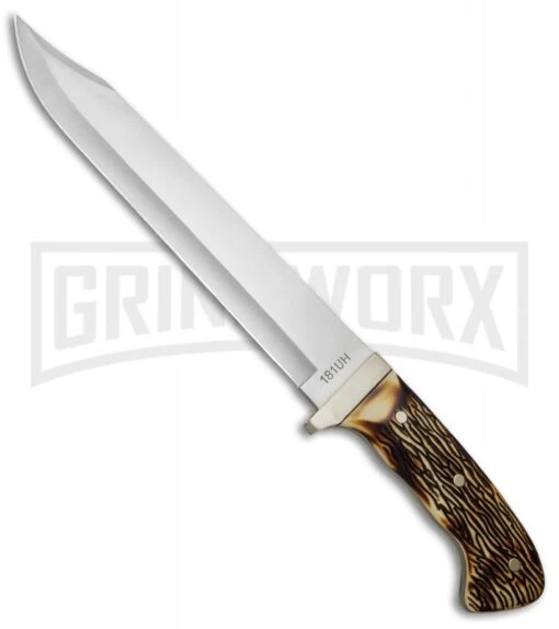 Uncle Henry Bowie Delring Stag Fixed Blade - Bowie Satin Plain -AKC Knife Shop Uncle Henry Large Bowie Delrin Stag SCH181UH BHQ 61898 jr large