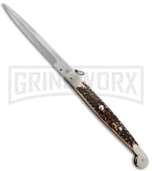 A.G.A. Campolin 16" Stag Horn Sicilian Ring Pull Automatic Knife - Bayonet -AKC Knife Shop aga 16 stag sicilian ring large