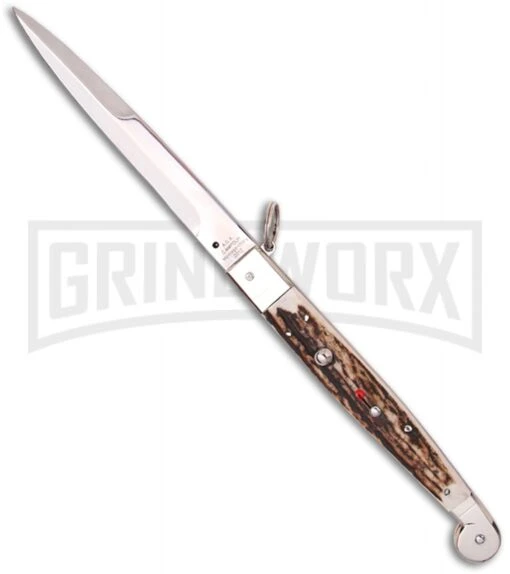 A.G.A. Campolin 12" Stag Horn Sicilian Ring Pull Automatic Knife - Bayonet -AKC Knife Shop aga campolin sicilian ring pull stag large