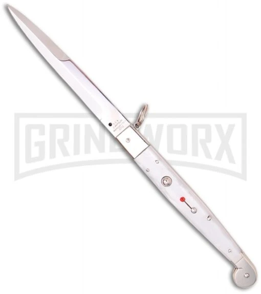 A.G.A. Campolin 9" Sicilian Ring Pull White Pearlex Automatic Knife - Bayonet -AKC Knife Shop aga campolin sicilian ring pull white pearlex large