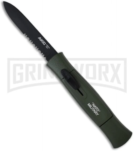 AKC 077 Concord NATO Military Green OTF Automatic Knife - Flat Grind Black Serr -AKC Knife Shop akc 770 nato green black flat serr large