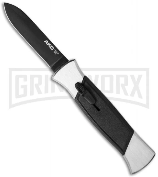 AKC 777 Blackfinger Brushed Aluminum OTF Automatic Knife - Black Plain -AKC Knife Shop akc 777 flat black large