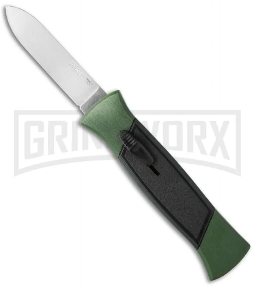 AKC 777 Blackfinger Green/Black OTF Automatic Knife - Flat Grind Satin Plain -AKC Knife Shop akc 777 green satin flat BHQ 34856 jr large