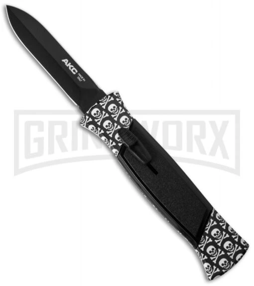 AKC 777 Blackfinger Jolly Roger OTF Automatic Knife - Black Dagger Plain -AKC Knife Shop akc 777 jolly roger black dagger cm large