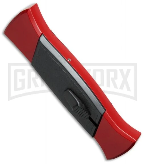 AKC 777 Blackfinger Red/Black OTF Automatic Knife - Flat Grind Satin Plain -AKC Knife Shop akc 777 red satin flat bottom cm large