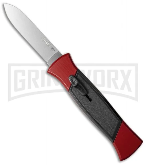 AKC 777 Blackfinger Red/Black OTF Automatic Knife - Flat Grind Satin Plain -AKC Knife Shop akc 777 red satin flat cm large